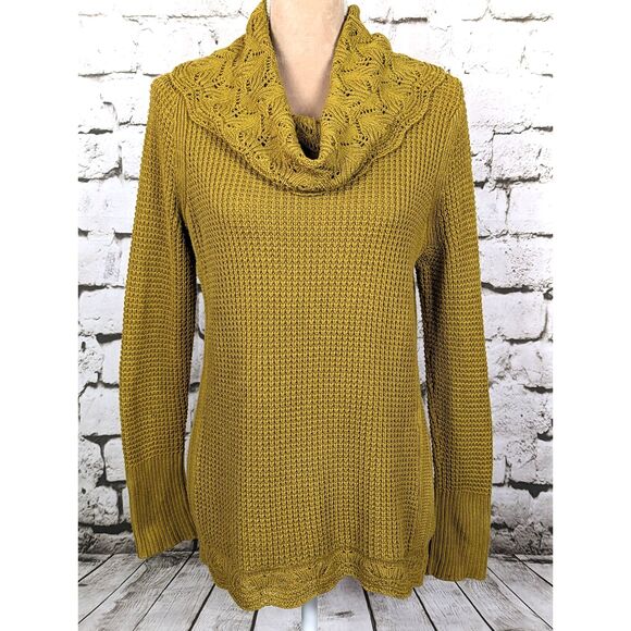 CHICO'S Cottage Boho Pointelle Waffle Knit Cowl Neck Sweater Golden Size 0 (S/4) - Picture 2 of 9